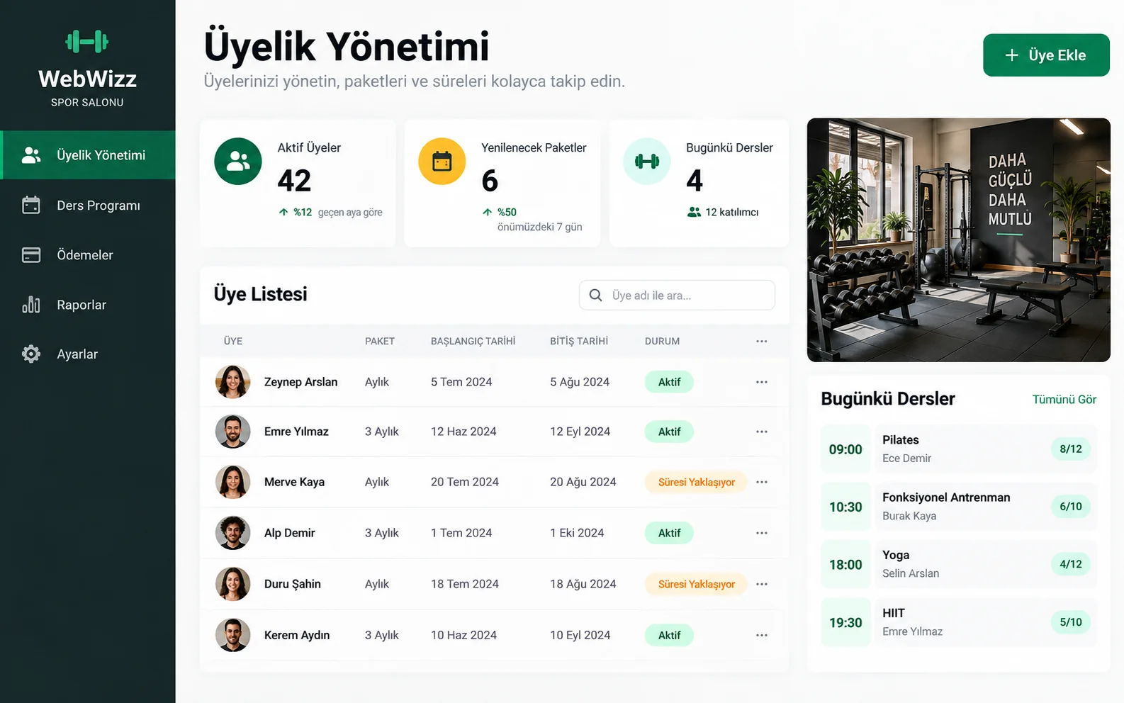 Spor Salonu Üyelik ve Ders Yönetim Sistemi